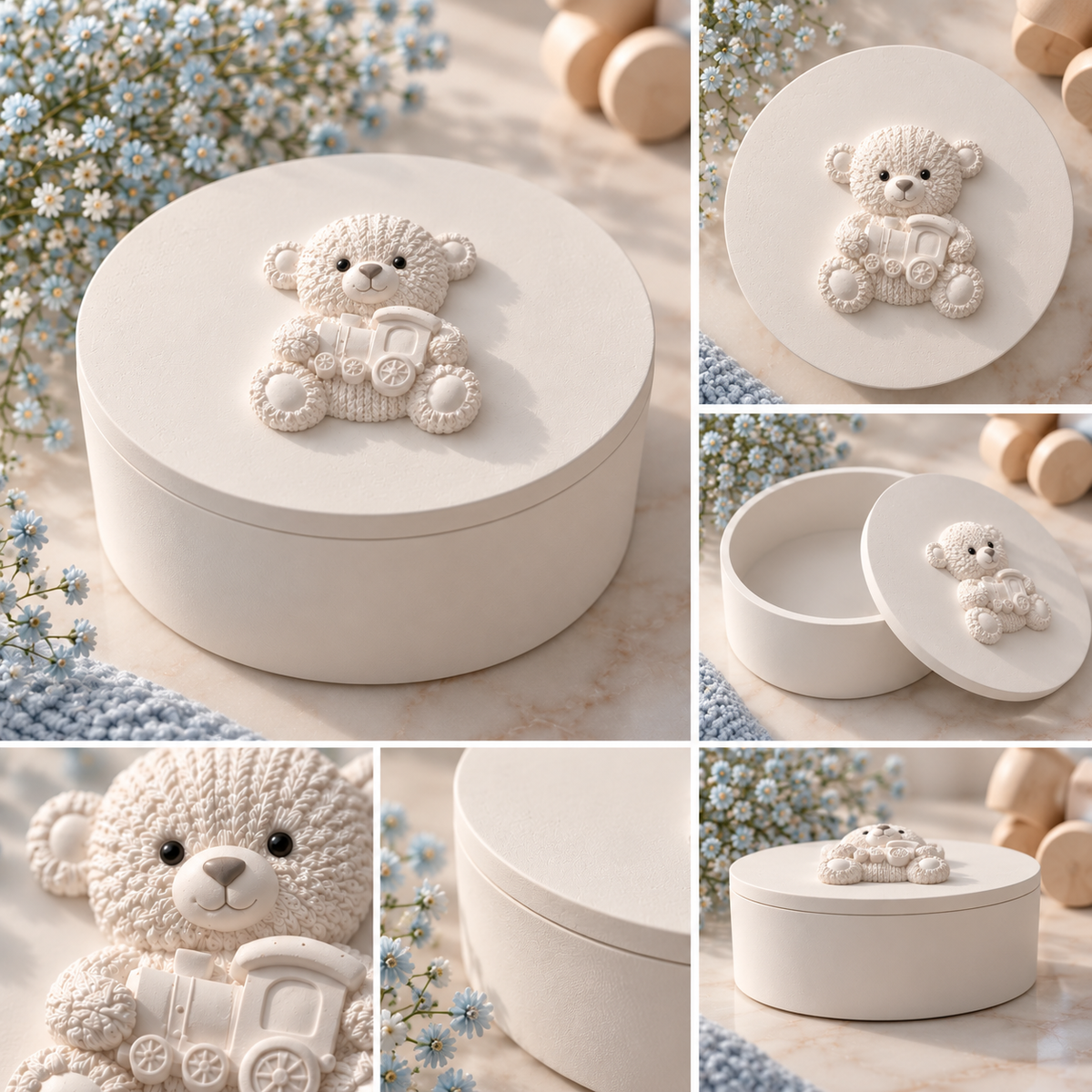 Teddy bear and train keepsake box showing the removable lid, interior and decorative details.
