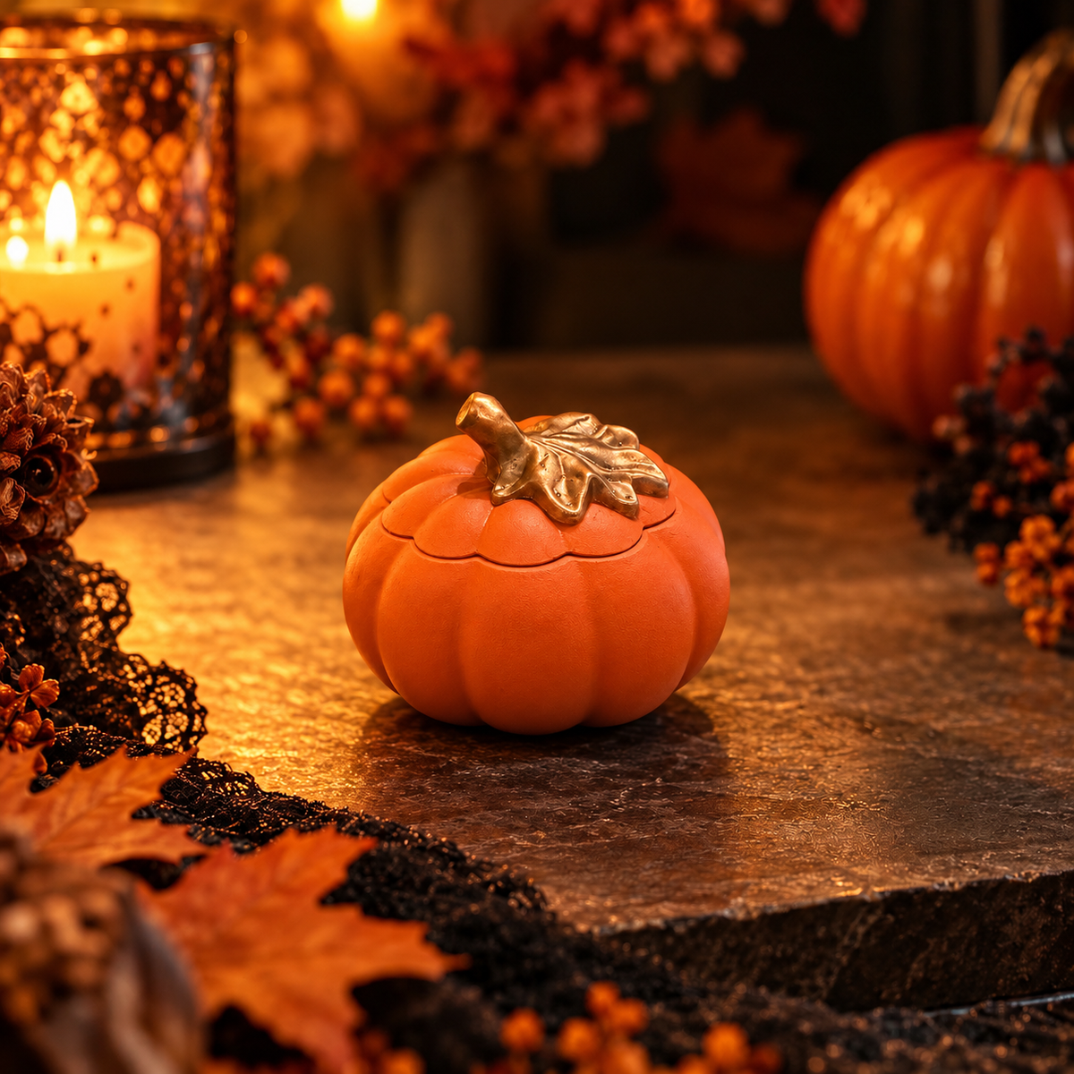 Handmade Orange Pumpkin Soy Candle with Gold-Tone Detail