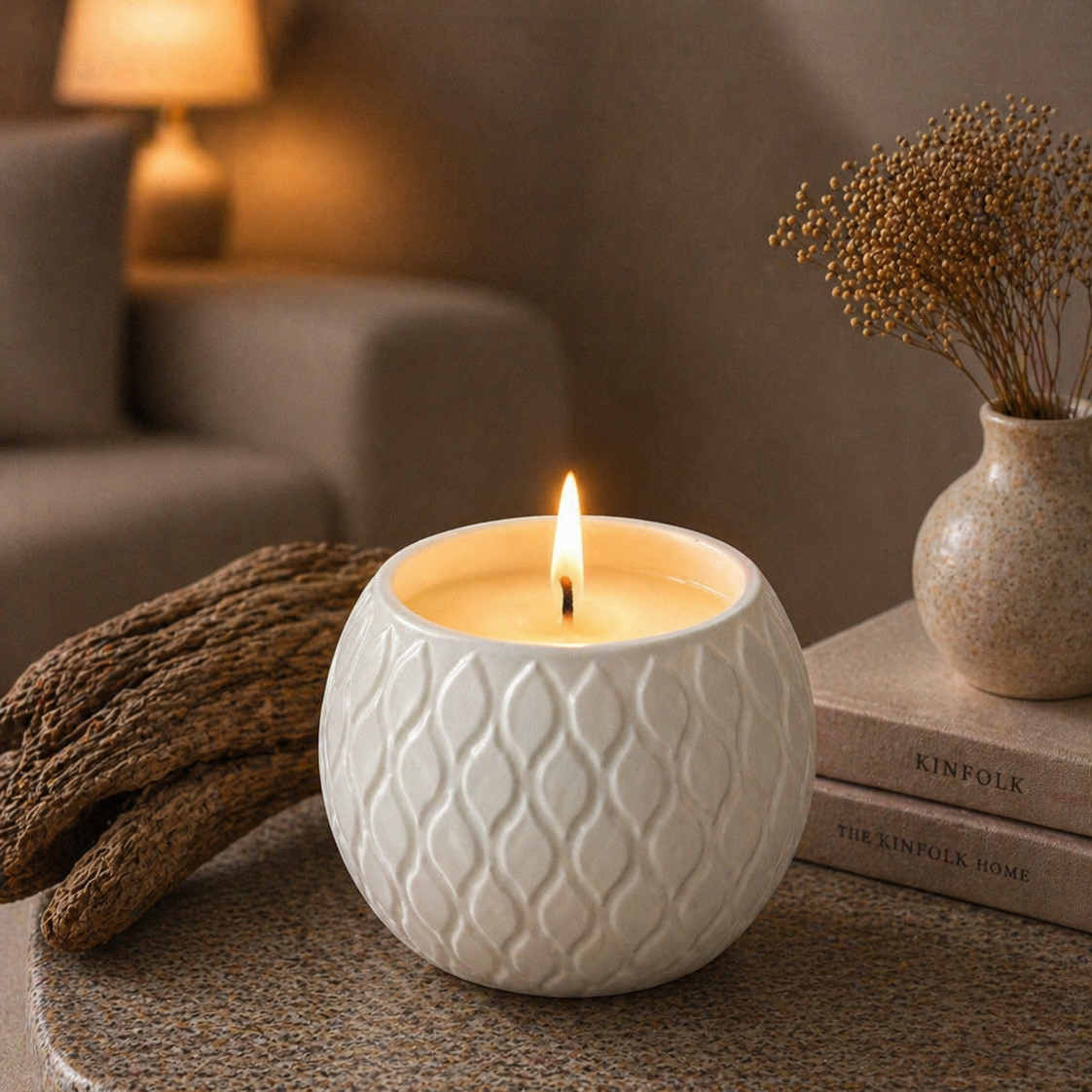 Textured White Ceramic Candle