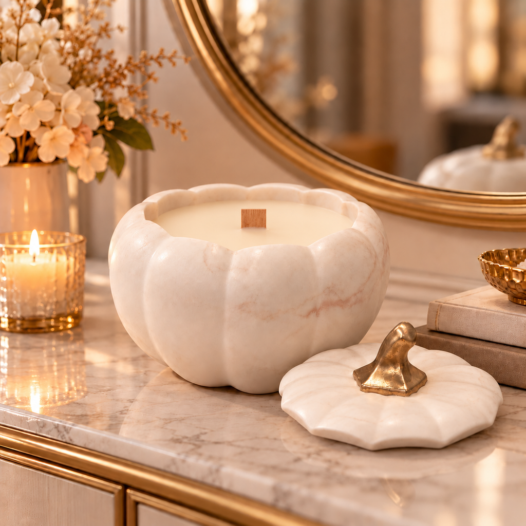 Large Beige Marble-Effect Pumpkin Soy Candle with Gold-Tone Stem