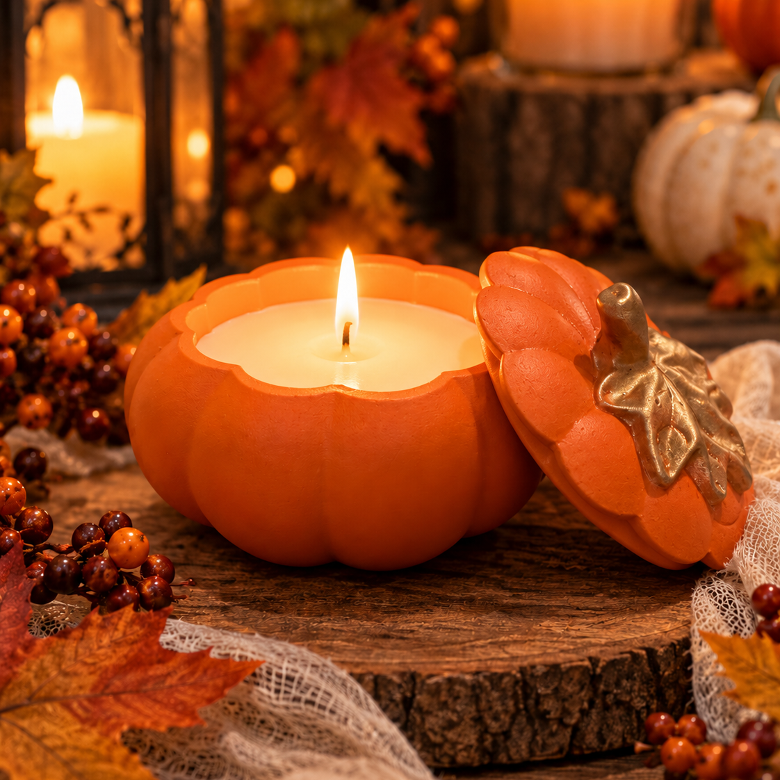Handmade Orange Pumpkin Soy Candle with Gold-Tone Detail