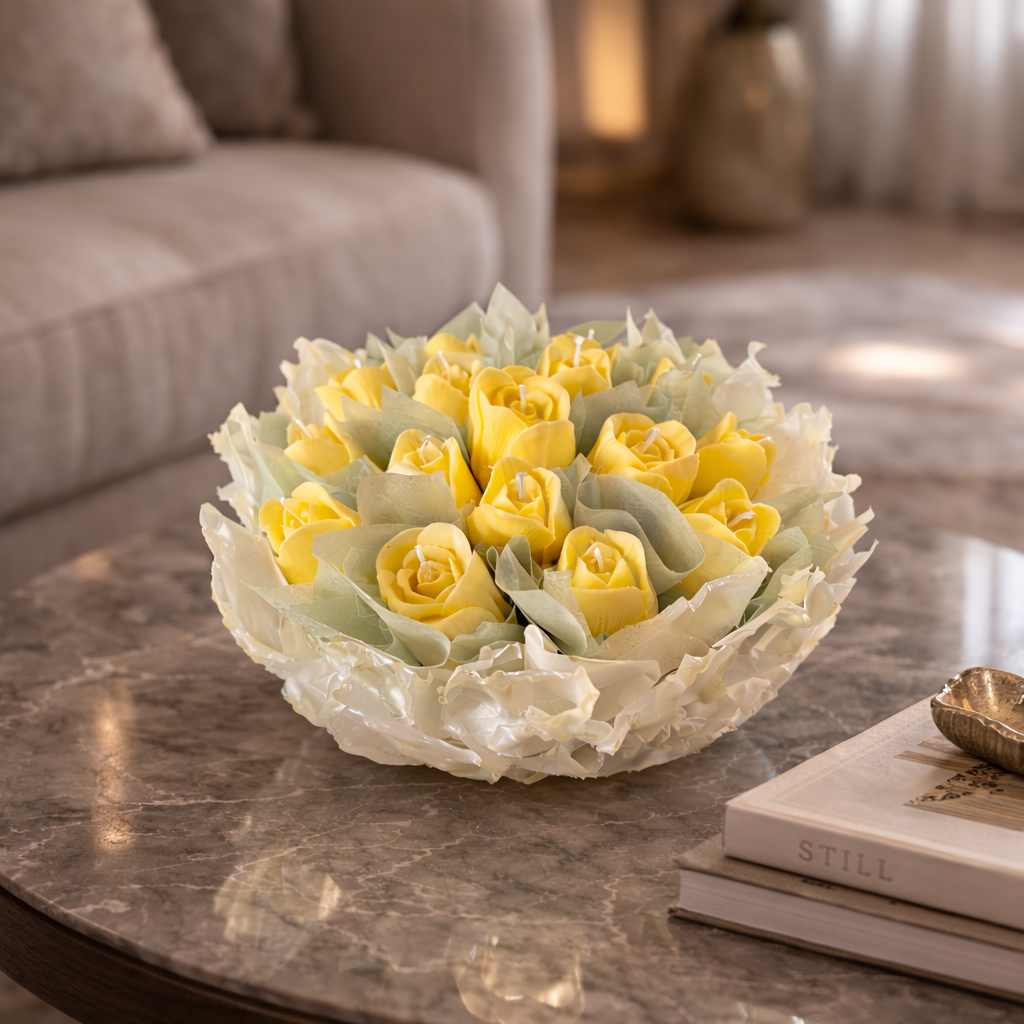 Handcrafted Yellow Tulip Wax Bouquet Artisan Bowl