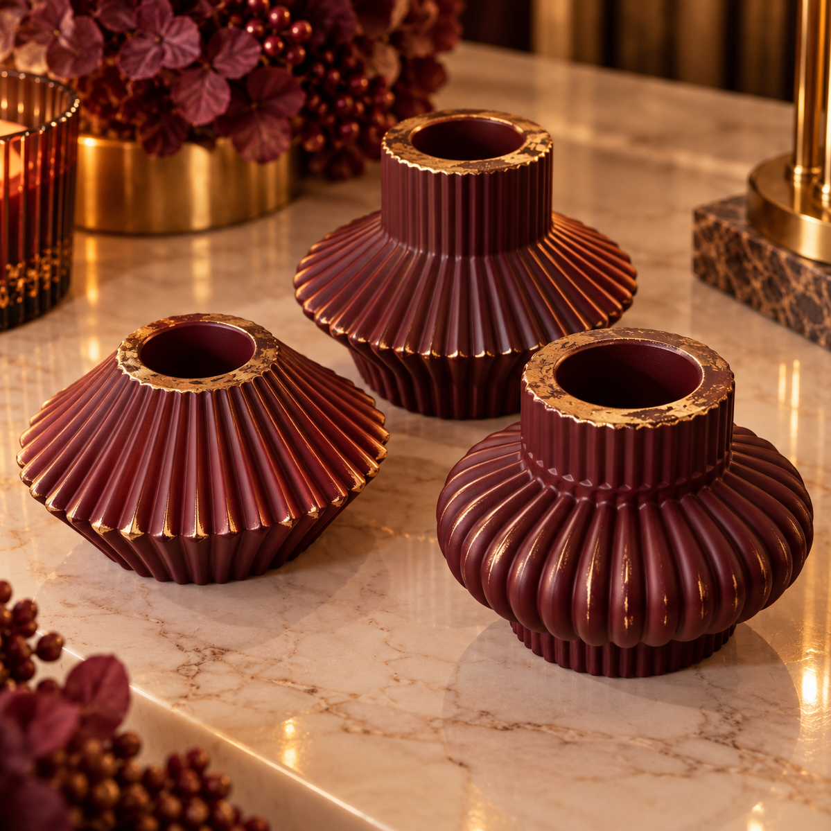 Handmade Burgundy Eco Resin Taper Candle Holders - Set of 3