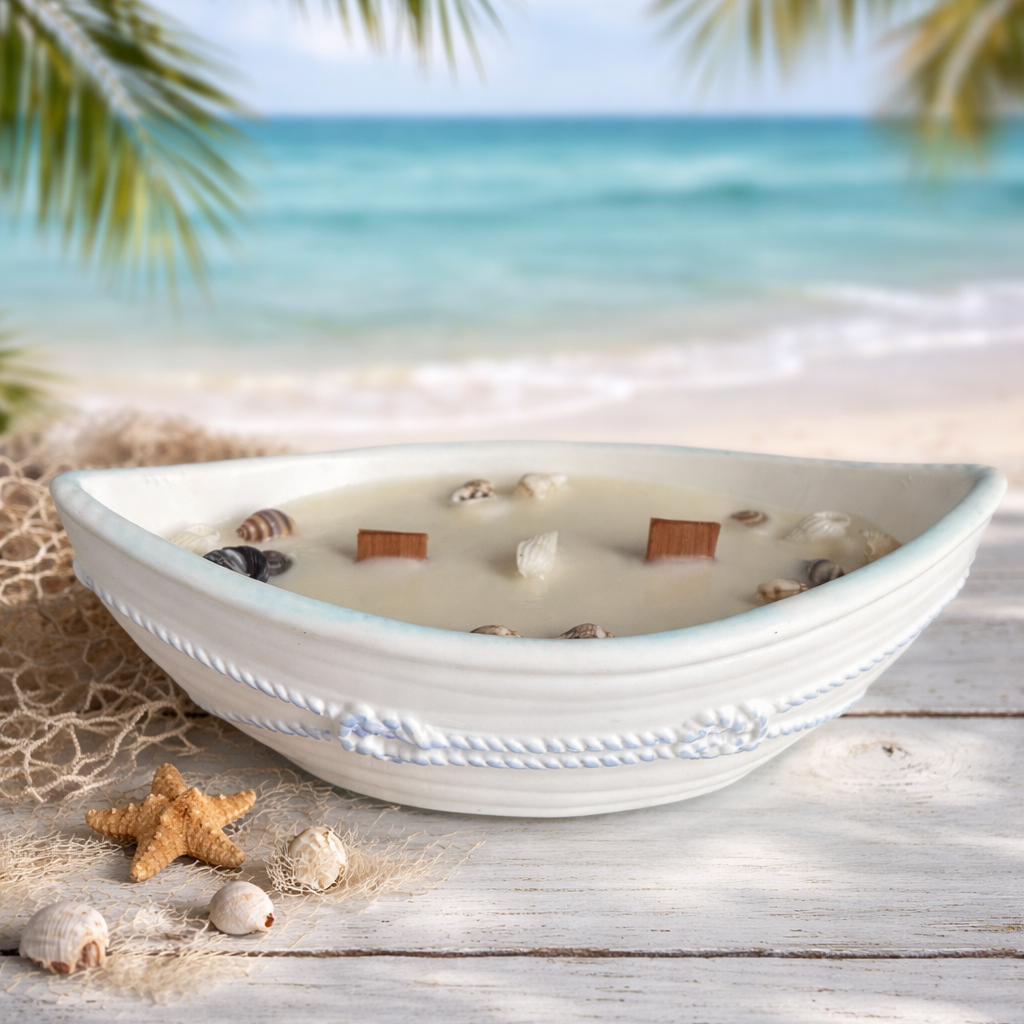 Coastal Boat Candle – White & Blue Details