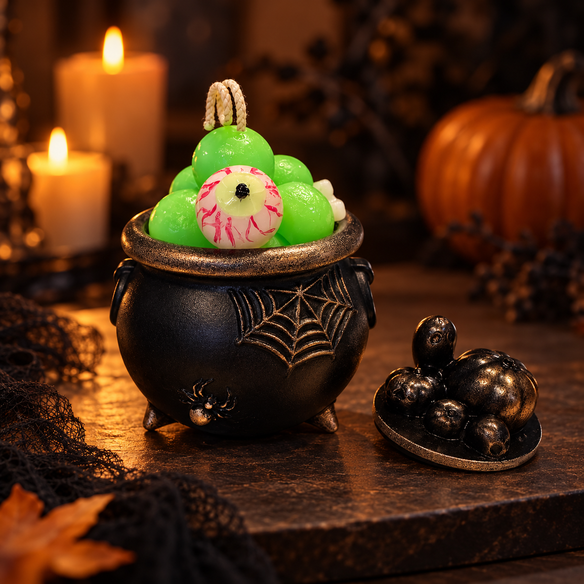 Handmade Halloween Cauldron Soy Candle with Green Wax - Pumpkin Spice