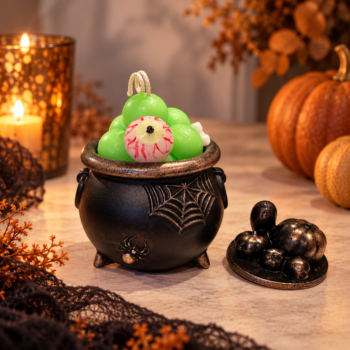 Handmade Halloween Cauldron Soy Candle with Green Wax - Pumpkin Spice