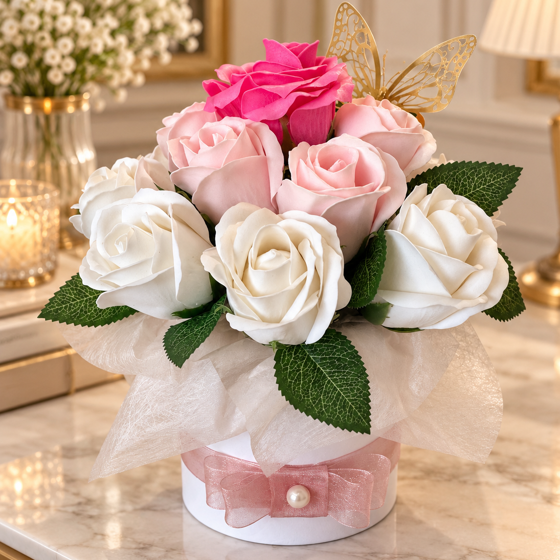 Soap Flower Bouquet – 14 Lightly Scented Roses