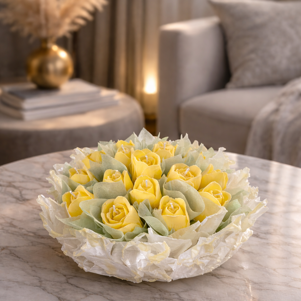 Handcrafted Yellow Tulip Wax Bouquet Artisan Bowl