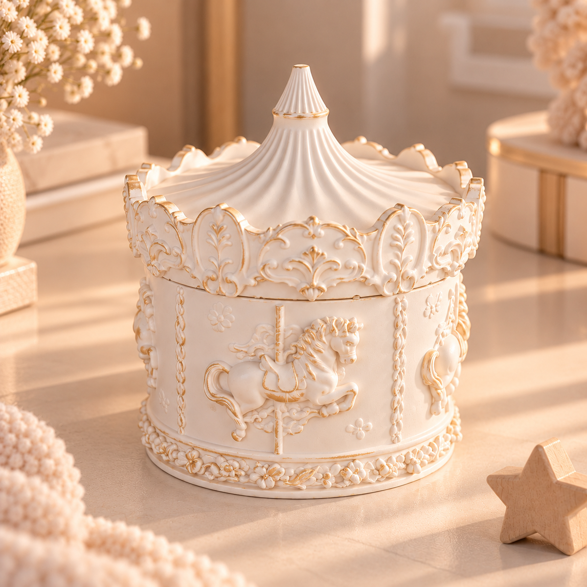 Handmade White & Gold Eco Resin Carousel Keepsake Box