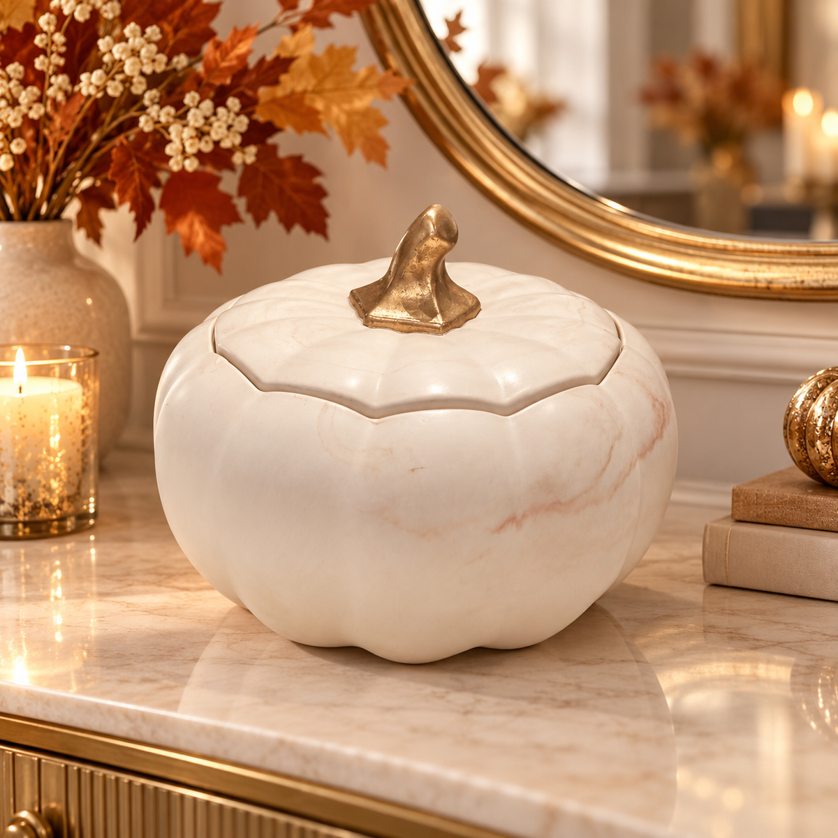 Large Beige Marble-Effect Pumpkin Soy Candle with Gold-Tone Stem