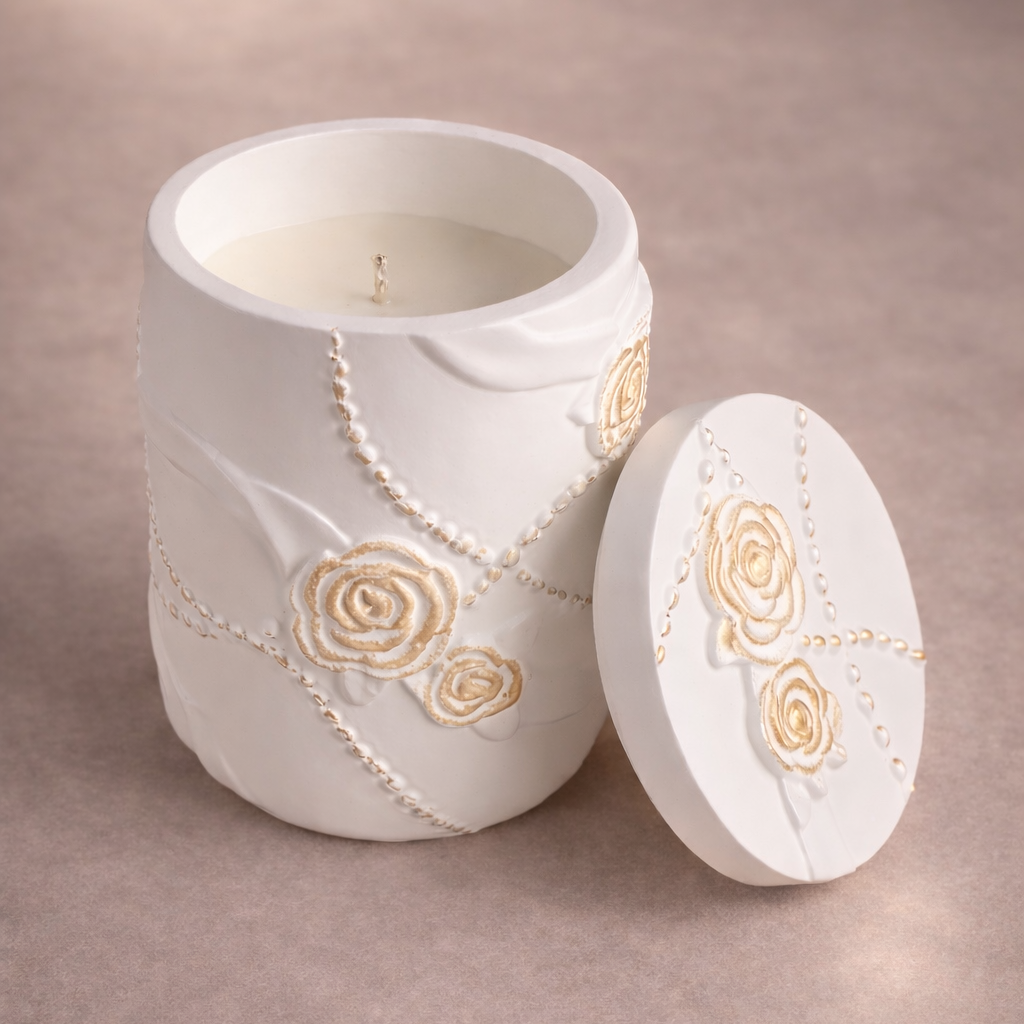 Floral Relief Soy Candle – Handcrafted Vessel with gold details