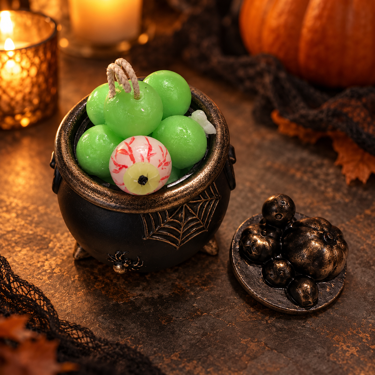 Handmade Halloween Cauldron Soy Candle with Green Wax - Pumpkin Spice