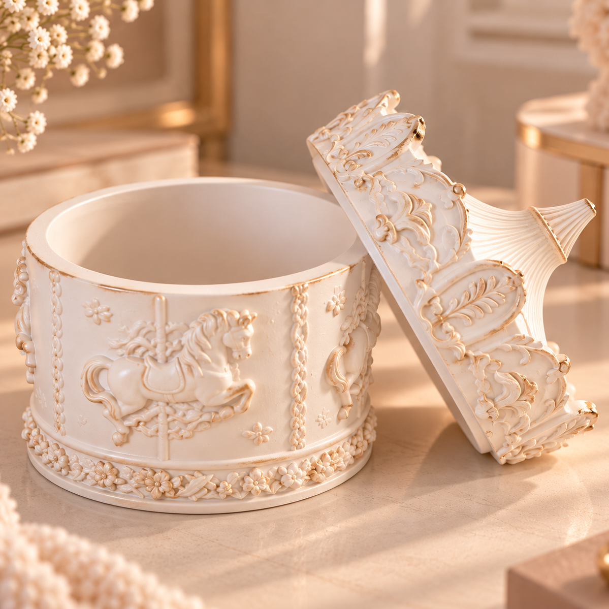 Handmade White & Gold Eco Resin Carousel Keepsake Box