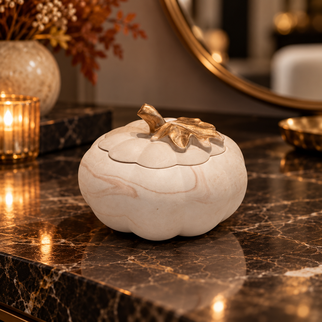 Small Beige Marble-Effect Pumpkin Soy Candle - Pumpkin Spice