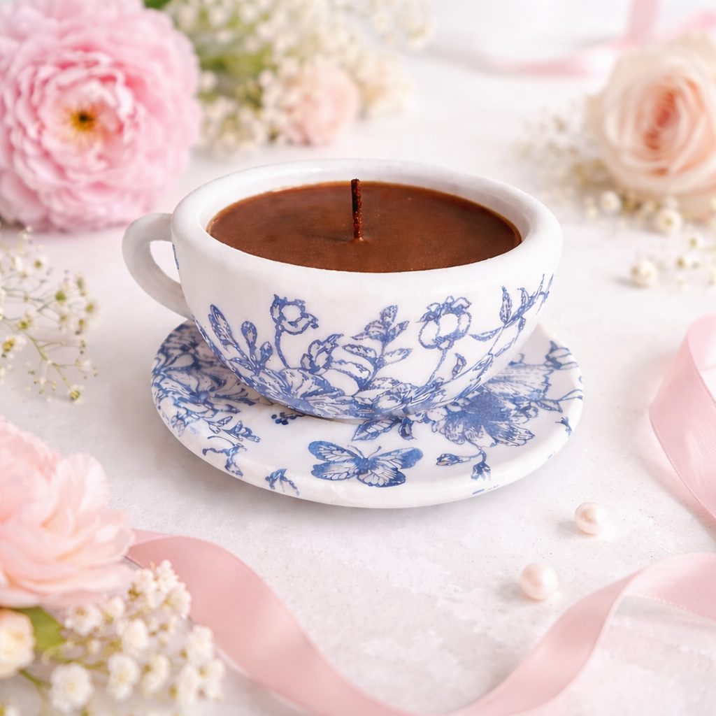 Blue Floral- Porcelain Look Teacup Candle