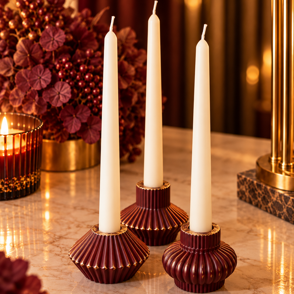 Handmade Burgundy Eco Resin Taper Candle Holders - Set of 3