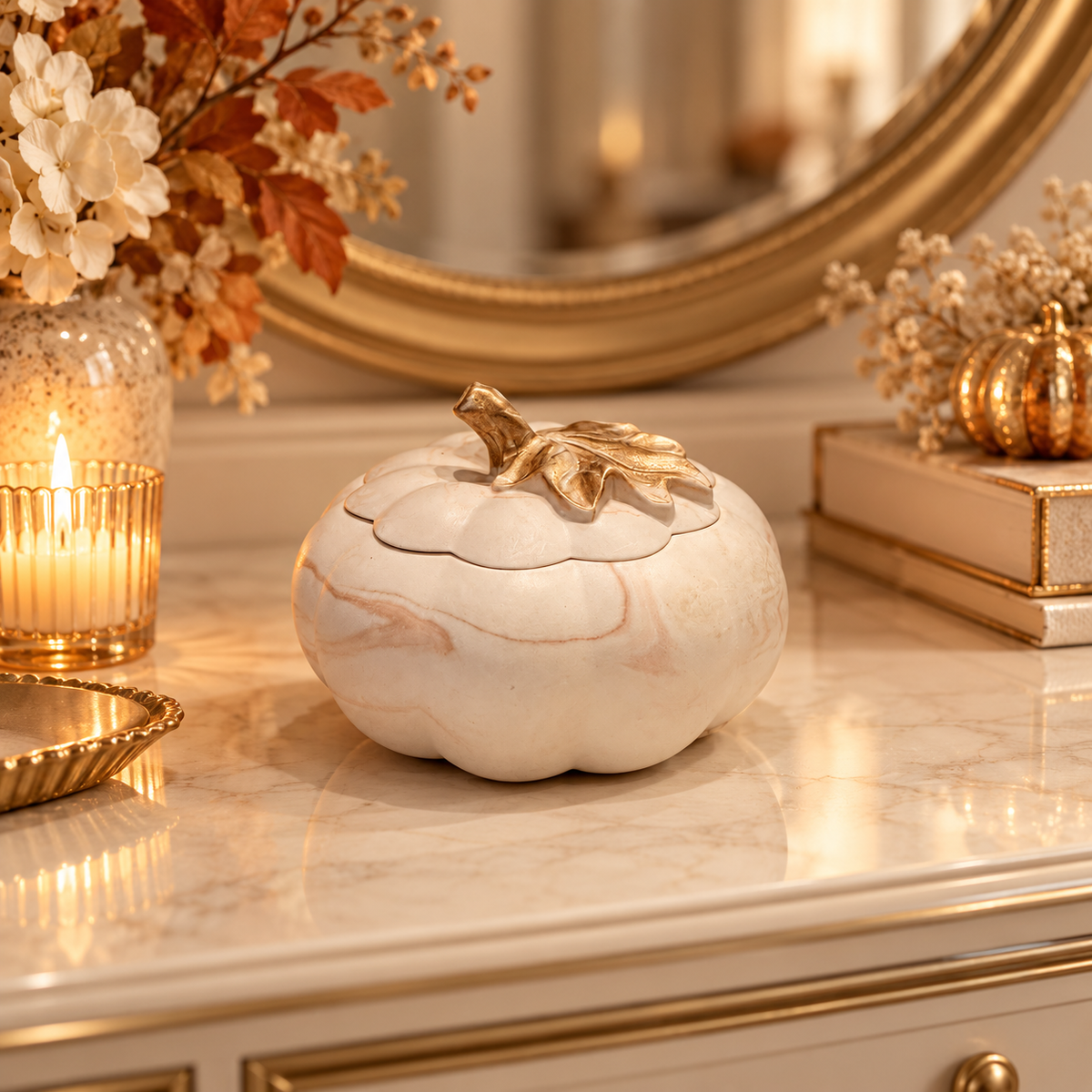 Small Beige Marble-Effect Pumpkin Soy Candle - Pumpkin Spice