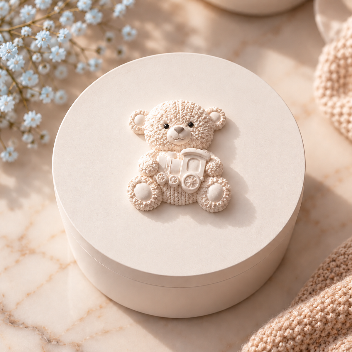 White round keepsake box with a cream teddy bear holding a train on the lid.