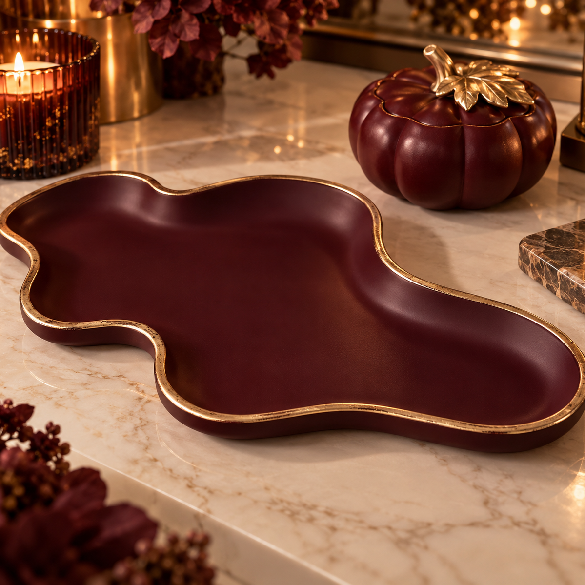Handmade Burgundy Eco Resin Jewellery Tray with Gold-Tone Rim