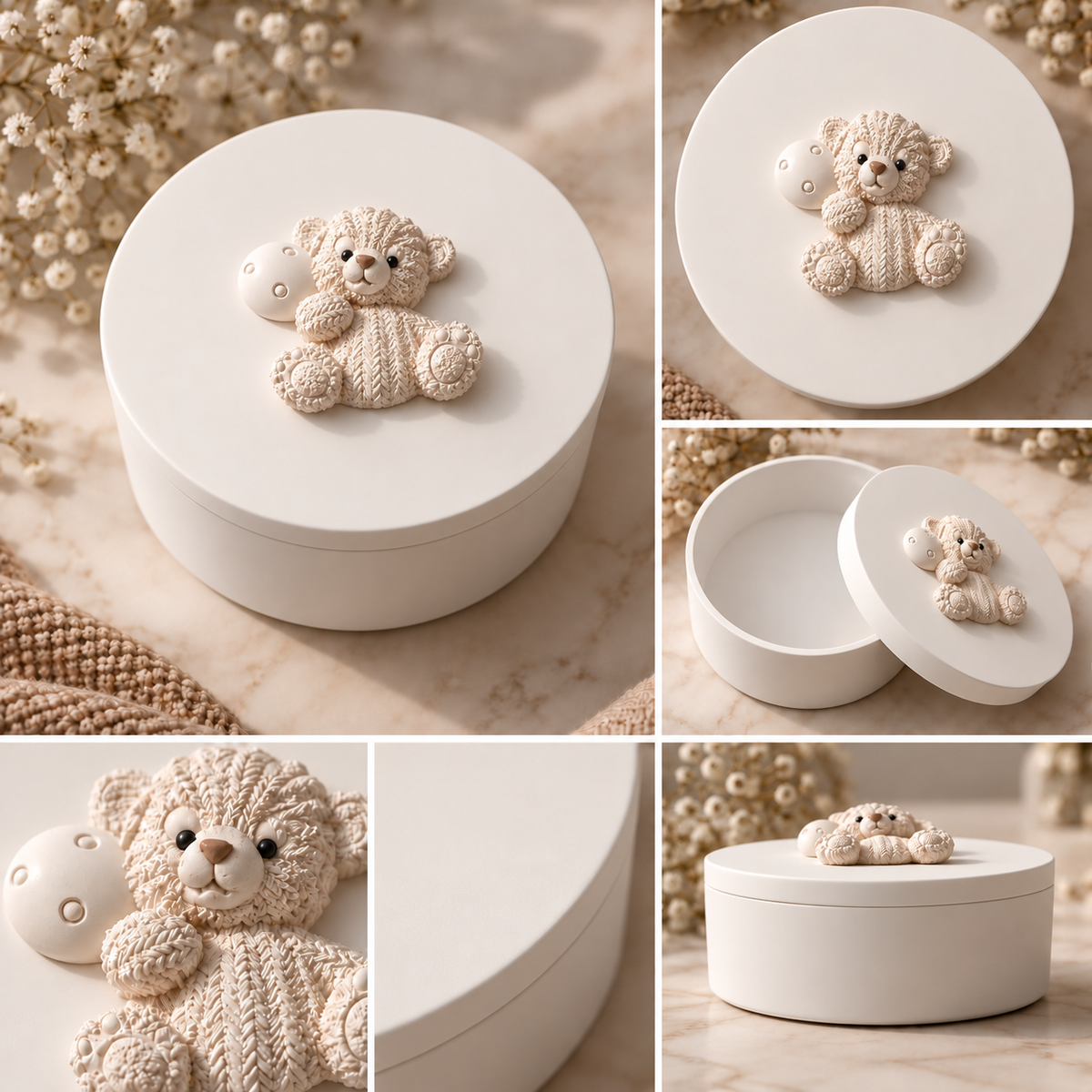 Handmade Teddy Bear Keepsake Box – White & Cream