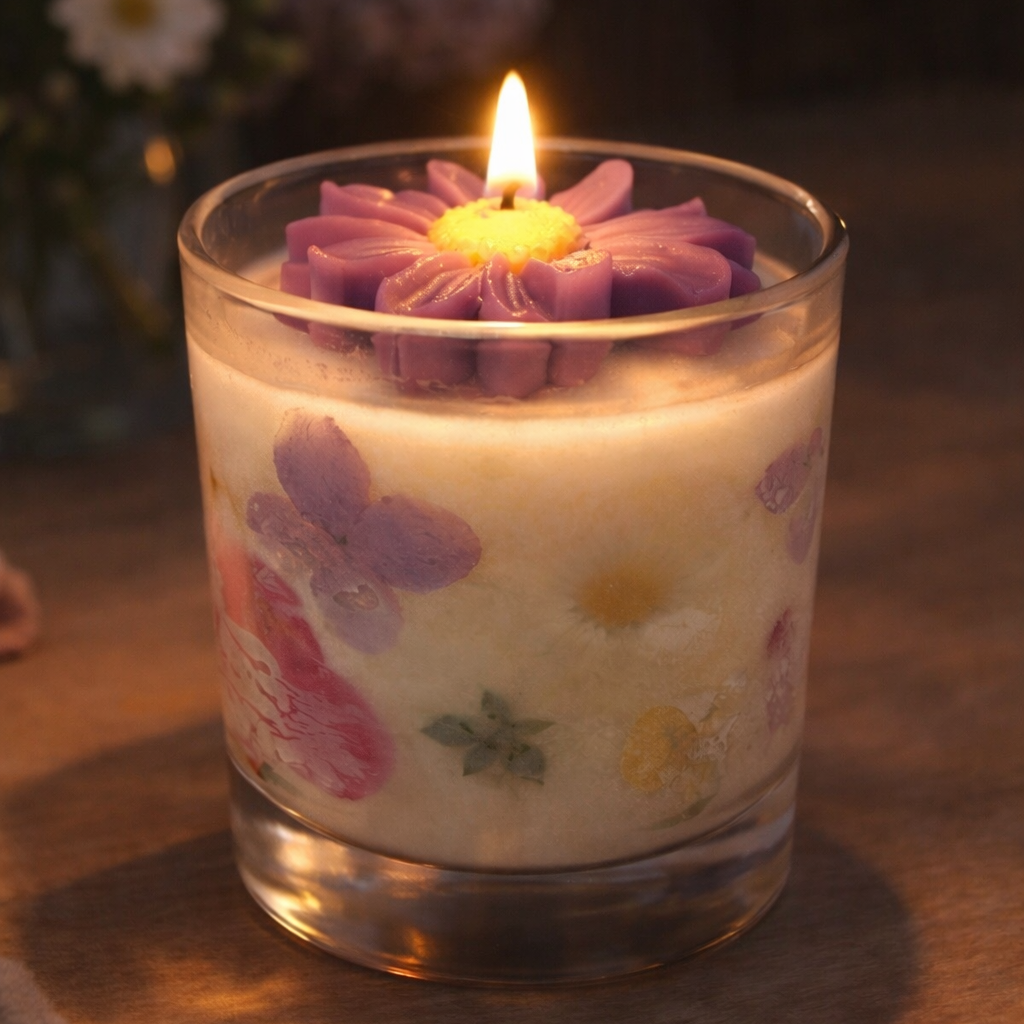 Handmade Floral Candle in Glass – Apricot & Coconut Wax 30cl