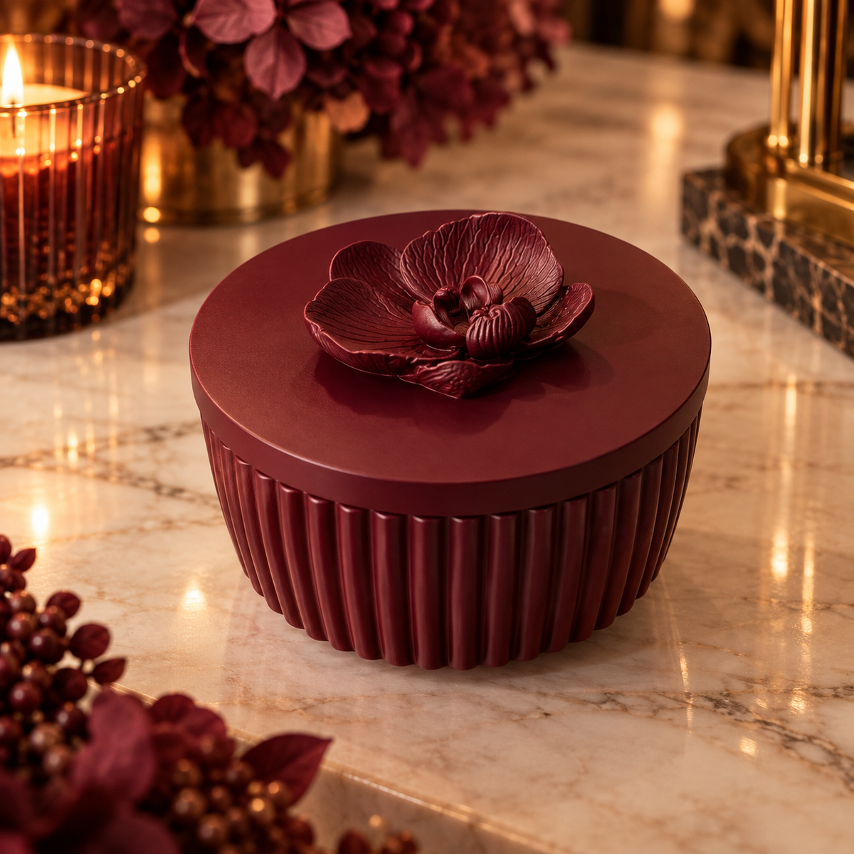 Handmade Burgundy Ribbed Trinket Box with Orchid Lid