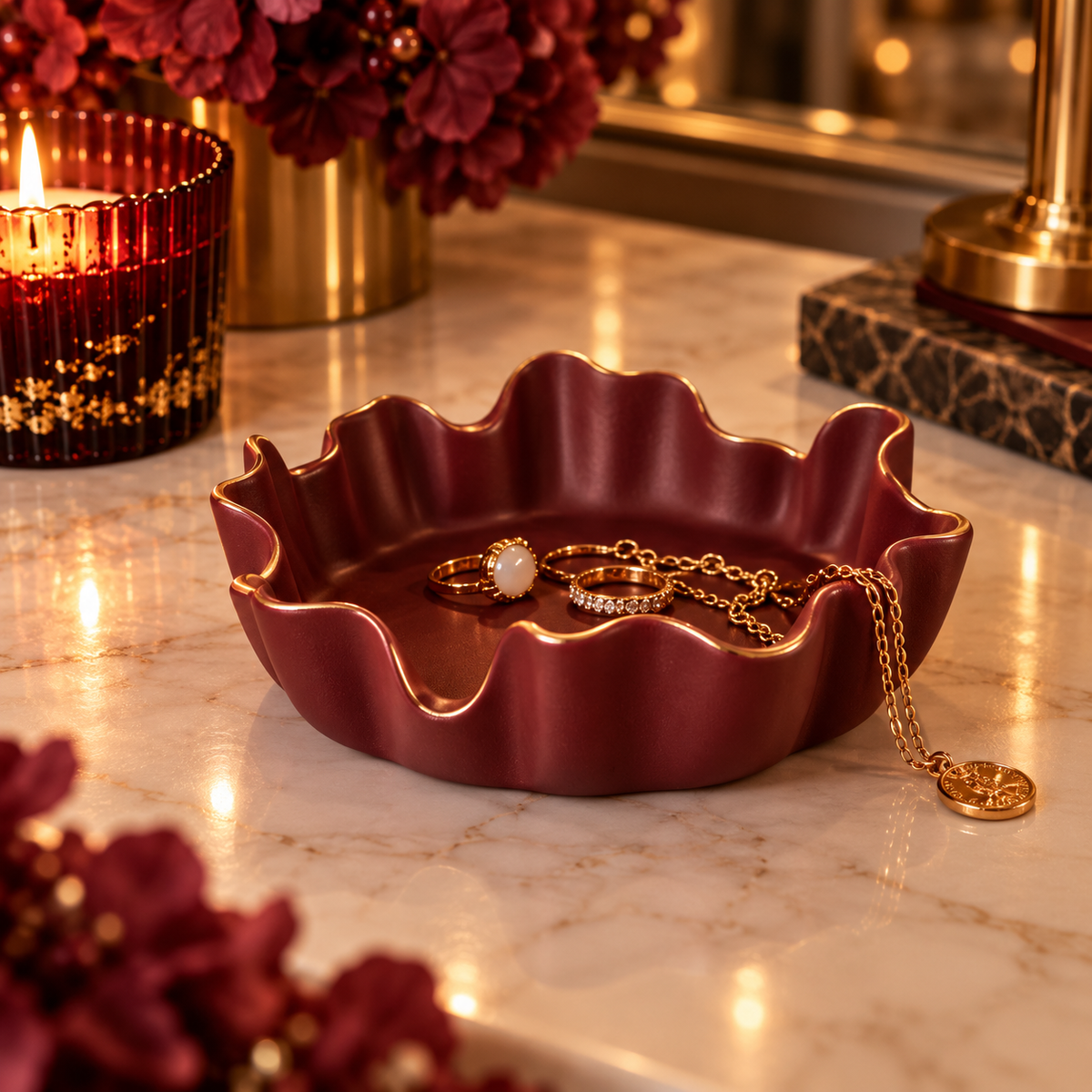Handmade Burgundy Eco Resin Wavy Jewellery Dish with Gold-Tone Rim