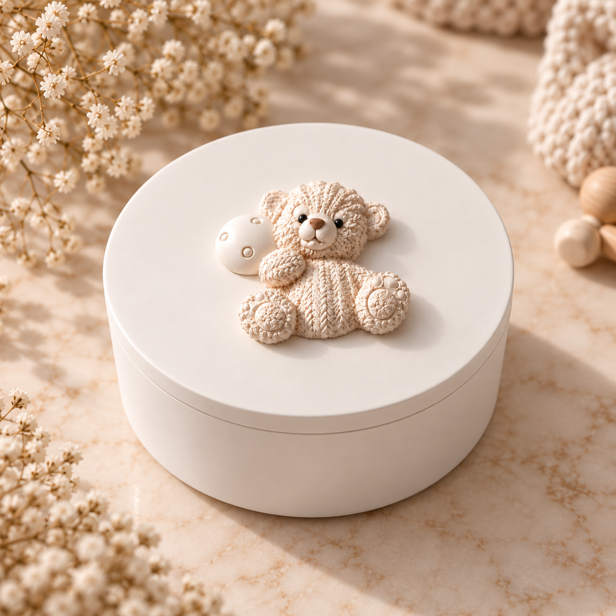 Handmade Teddy Bear Keepsake Box – White & Cream