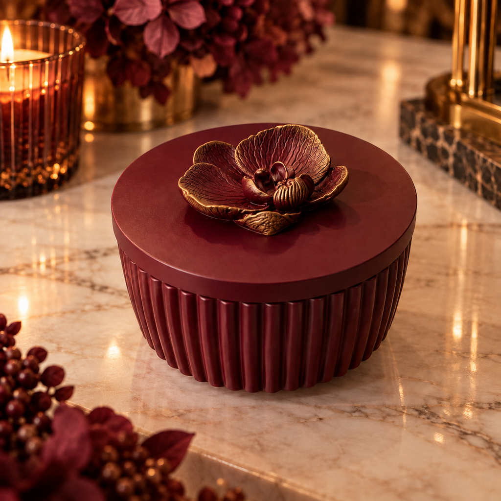 Handmade Burgundy Ribbed Trinket Box with Gold-Accented Orchid Lid