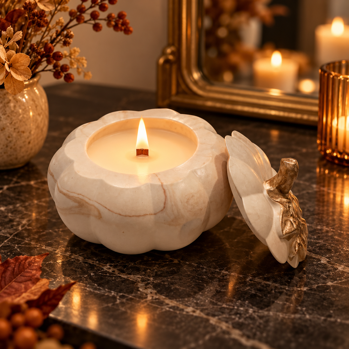 Small Beige Marble-Effect Pumpkin Soy Candle - Pumpkin Spice