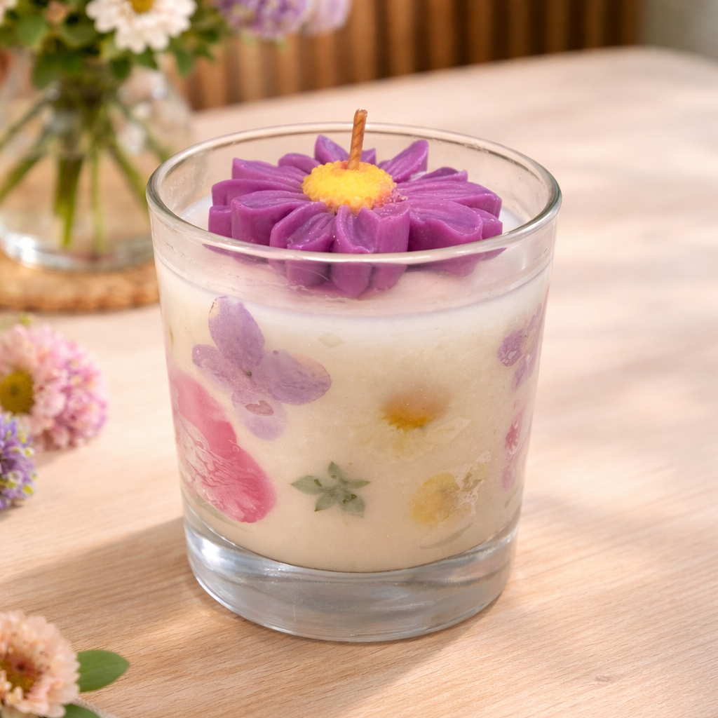 Handmade Floral Candle in Glass – Apricot & Coconut Wax 30cl