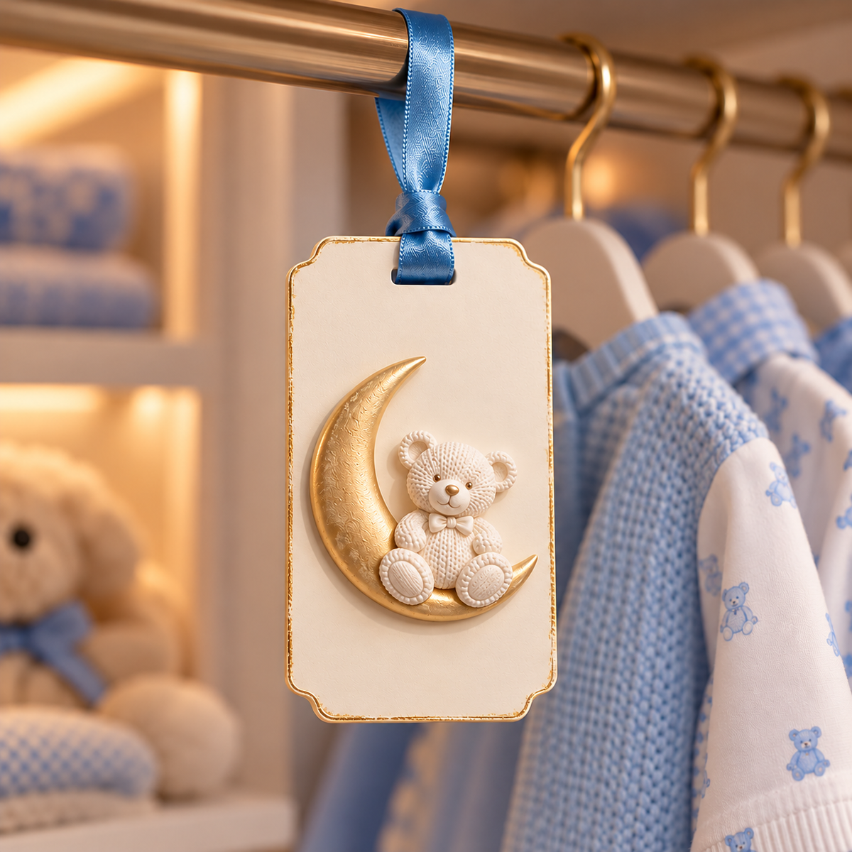 Teddy Bear on Gold Moon Hanging Aroma Stone - Blue Ribbon