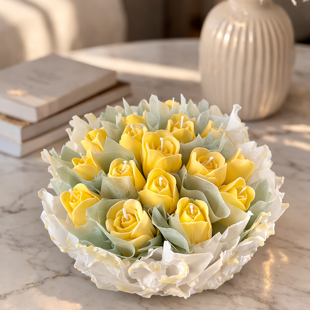Handcrafted Yellow Tulip Wax Bouquet Artisan Bowl