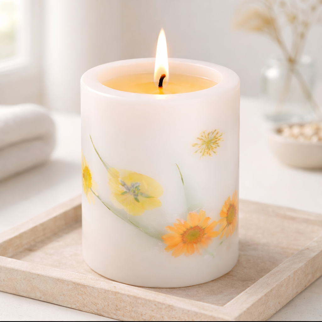 Floral Candle in Handmade Vessel – Apricot & Coconut Wax