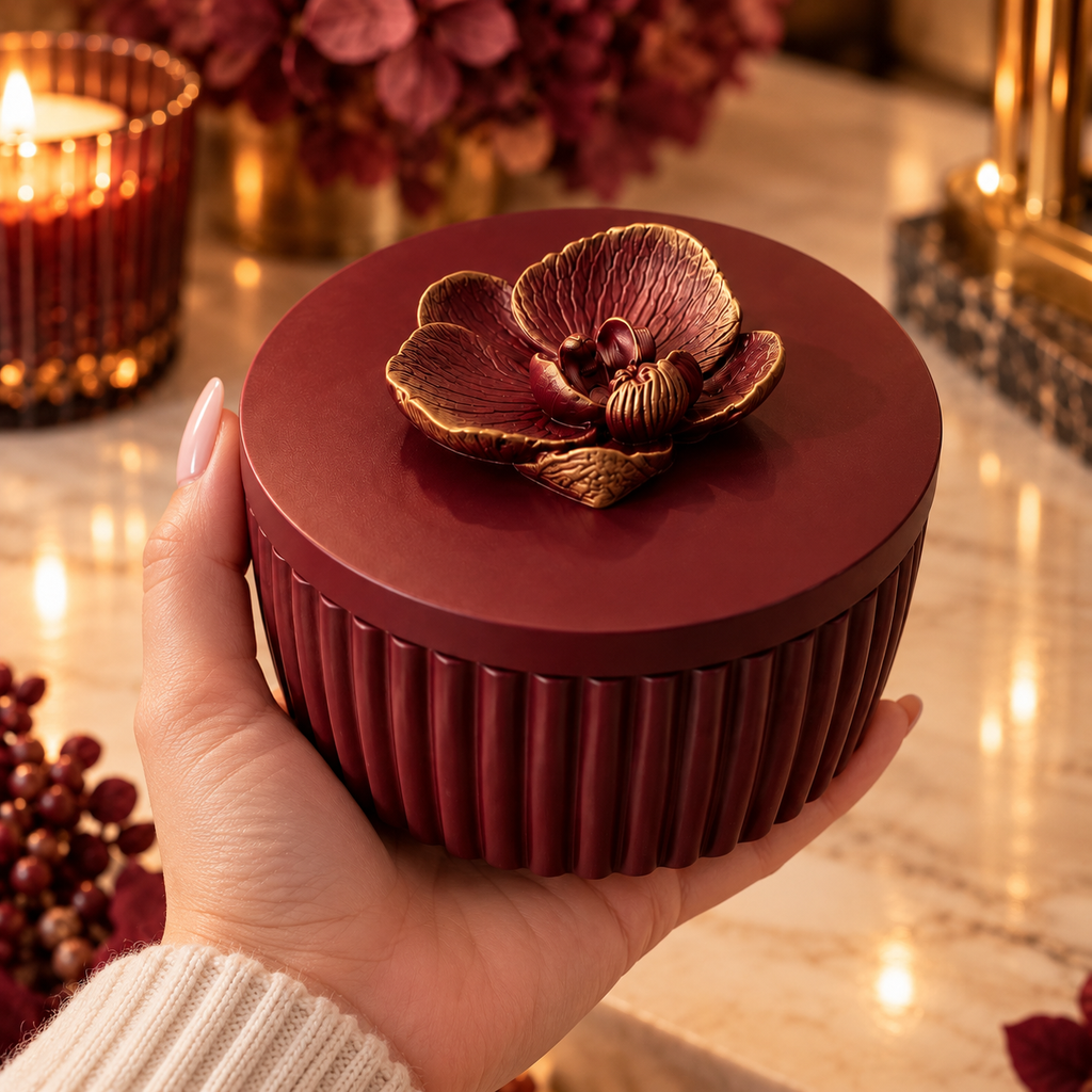 Handmade Burgundy Ribbed Trinket Box with Gold-Accented Orchid Lid