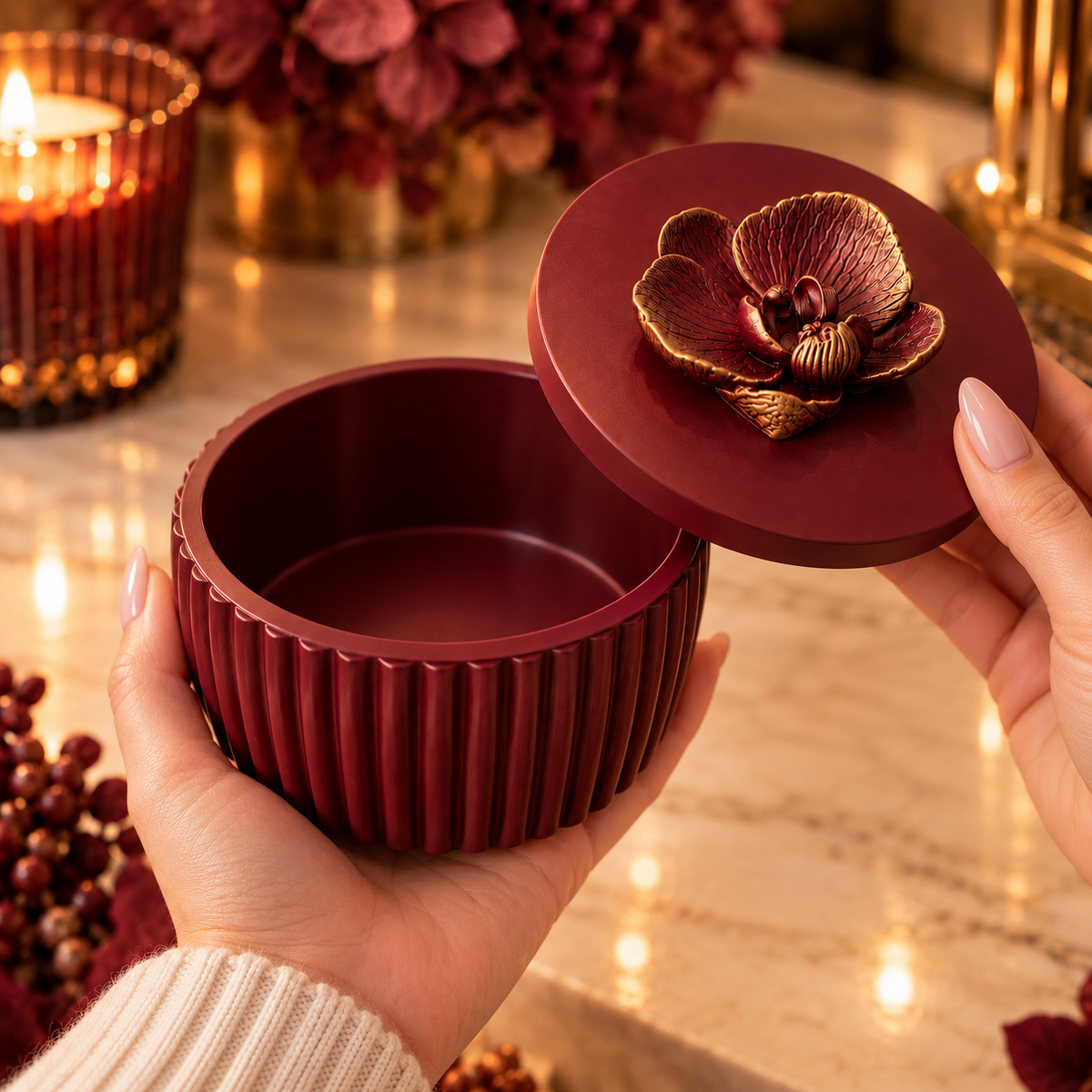 Handmade Burgundy Ribbed Trinket Box with Gold-Accented Orchid Lid
