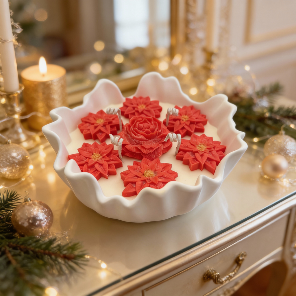 Sculpted Waves Ceramic Candle – Red Flowers