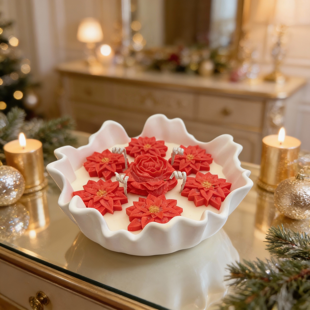 Sculpted Waves Ceramic Candle – Red Flowers