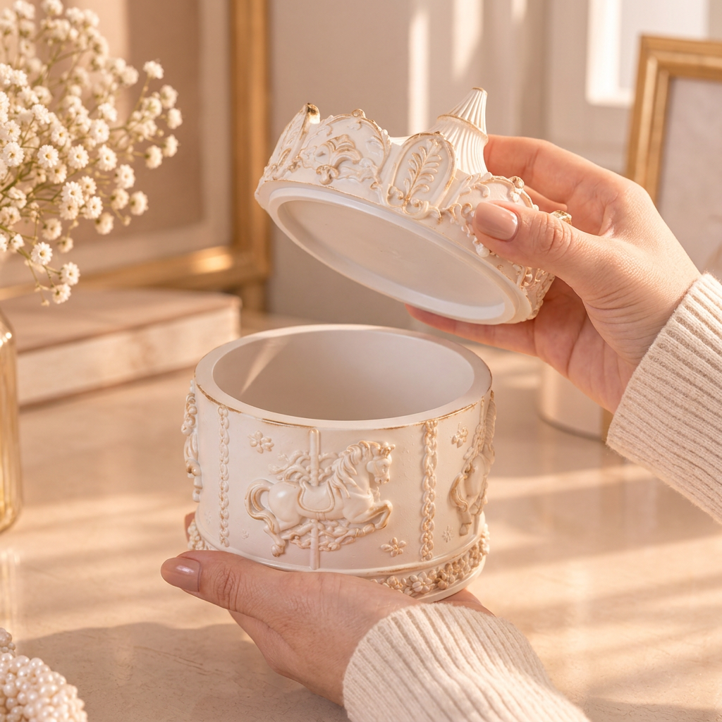 White and gold eco resin carousel keepsake box with its lid lifted by adult hands