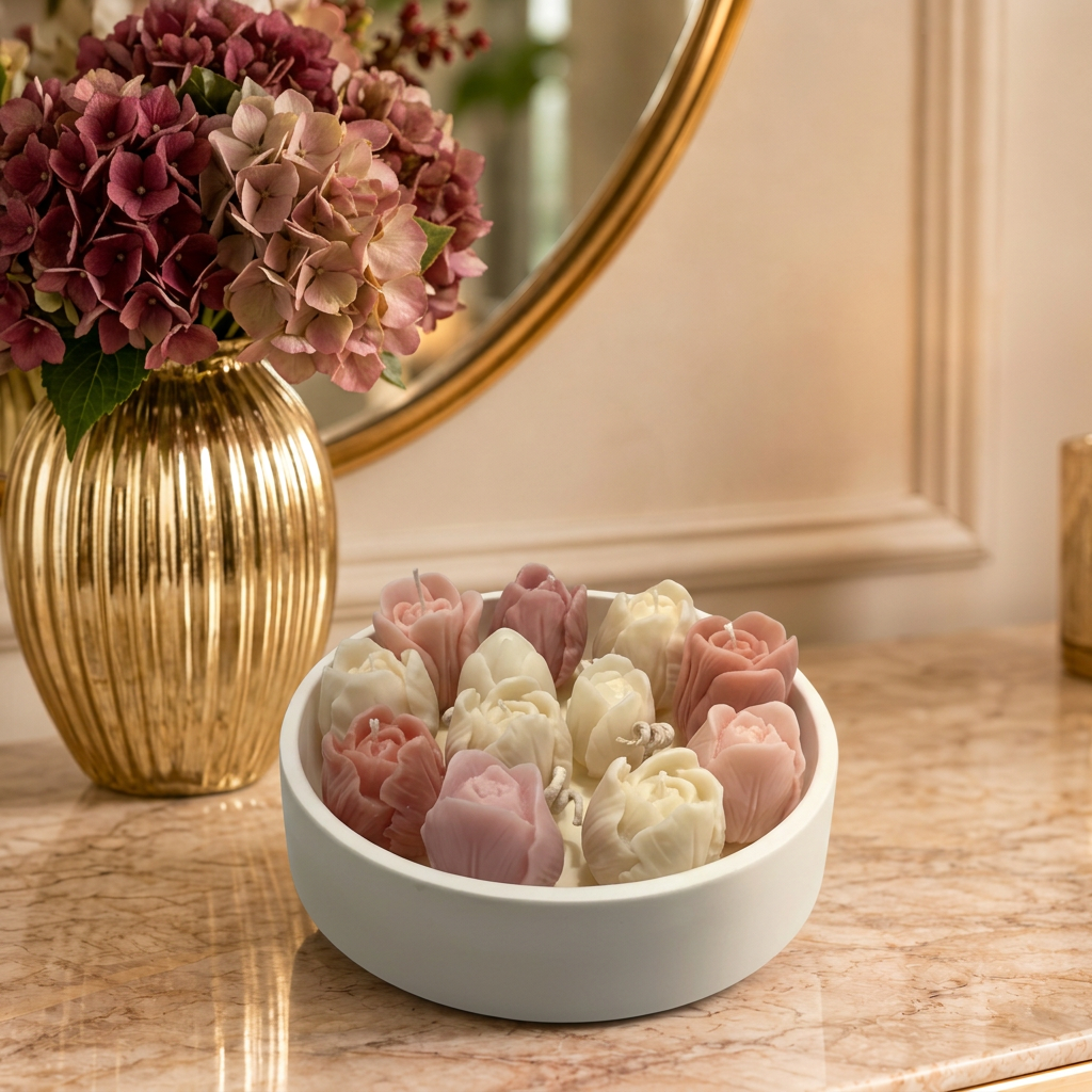 White ceramic candle bowl with pink and ivory wax roses on marble in a warm gold-accented interior