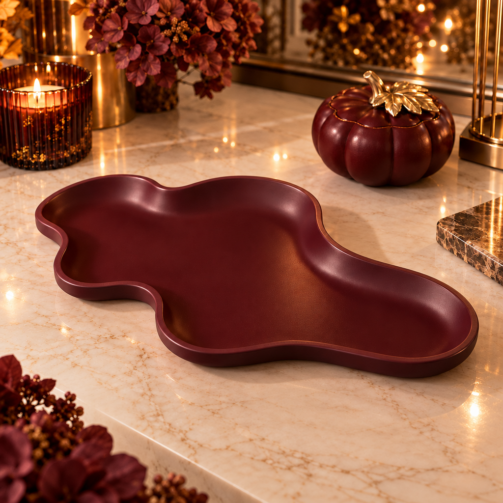 Burgundy organic-shaped decorative tray on a marble console