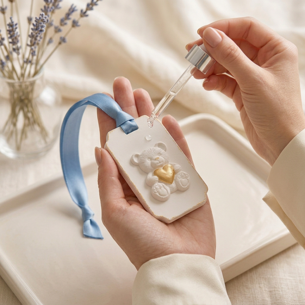 Small teddy bear gypsum aroma stone with blue ribbon held in an adult hand while fragrance oil is applied with a dropper