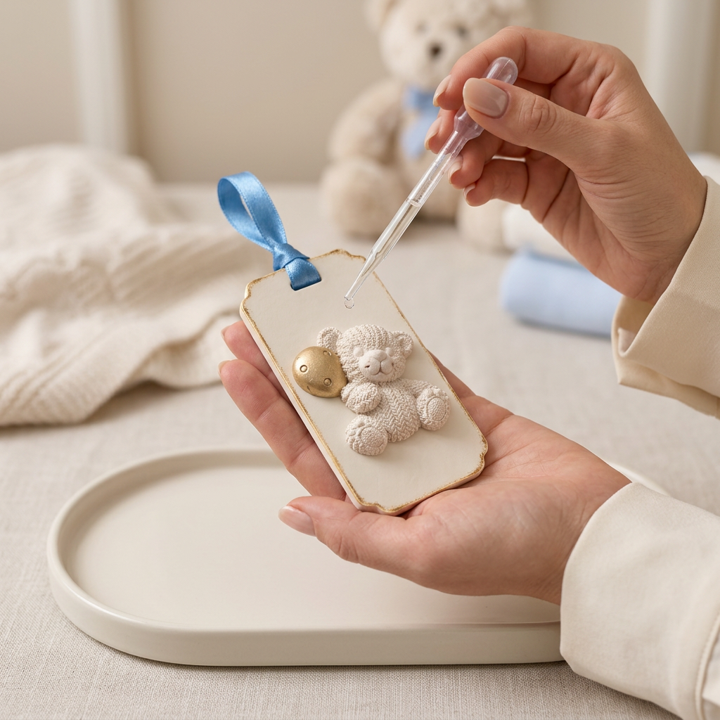 Small teddy bear with gold-tone balloon gypsum aroma stone and short blue ribbon held in an adult hand with a fragrance oil dropper