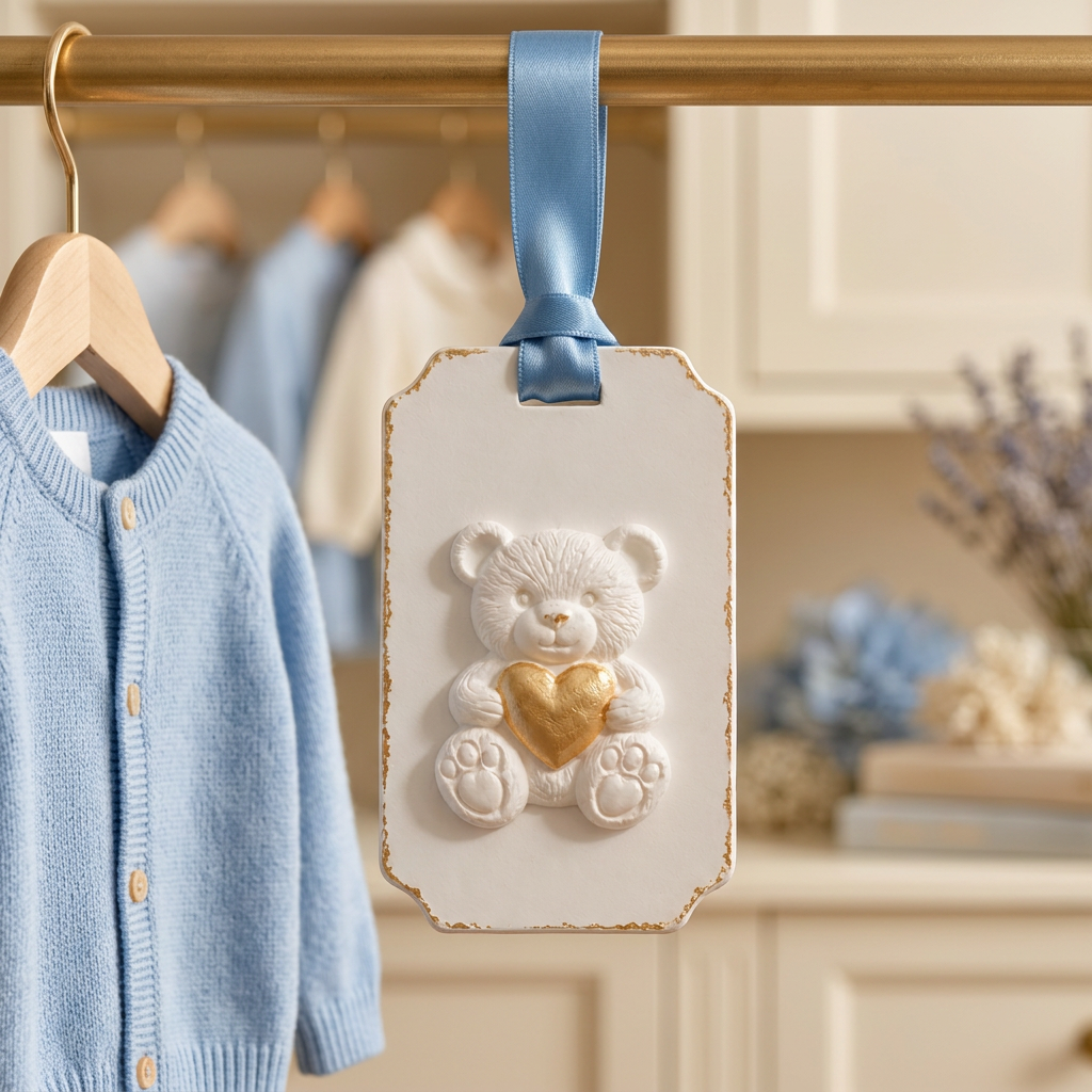 White teddy bear hanging aroma stone with gold-tone heart and blue ribbon in a blue and cream wardrobe