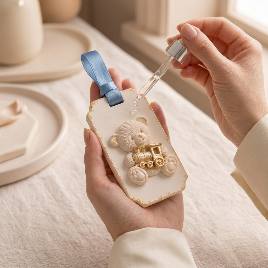 Small teddy bear with gold-tone train gypsum aroma stone and short blue ribbon held in an adult hand with a fragrance oil dropper