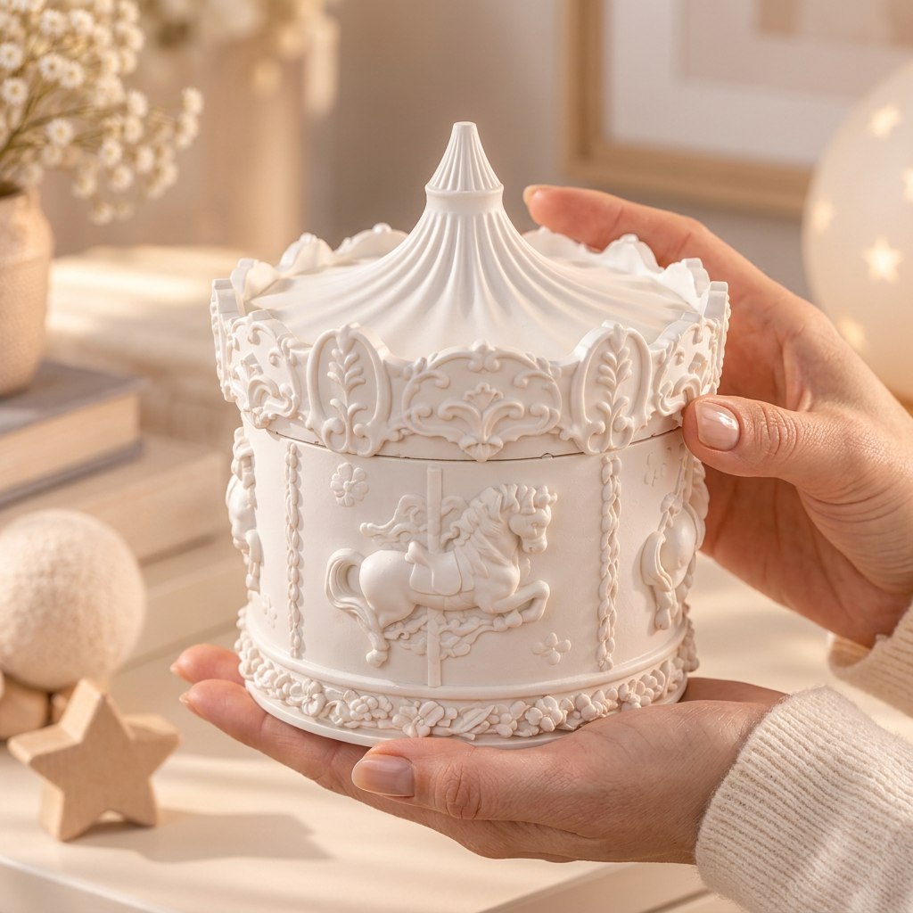 White eco resin carousel keepsake box held in adult hands
